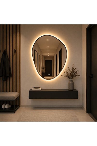 LedCorp Oglindă LED Asimetrică Premium cu Ramă Neagră 90×70 cm, Iluminare de ...