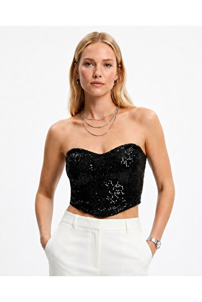 Noxu Atelier Kadın Pul Payet Kalp Yaka Straplez Büstiyer Crop Top