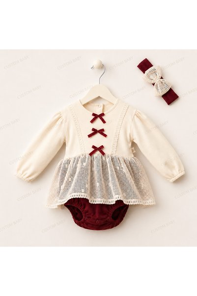 MİNİZEYN TEKSTİL Children's Baby Set Oliva Romper Baby Girl 100% Cotton Lace Detailed Burgundy Bow Premium Design 2 Piece Suit Baby Gift