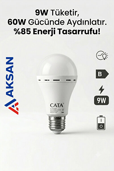 Cata CT-4229 Şarjlı Led Ampul 9W (60W Eşdeğer) 8 Saat Kesintisiz Beyaz Işık 6...