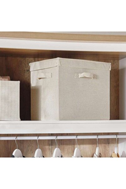 PAN HOME Aria Stripe Fabric Storage Box With Lid 38.1x28.6x32.4cm- Grey Stripe