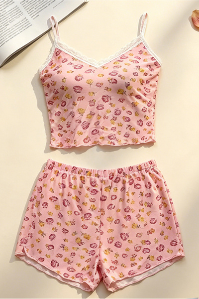 Shengzhou Jinshen Tie Pink Floral 2 Piece Women Sleepwear Set Lace V-Neck Cam...