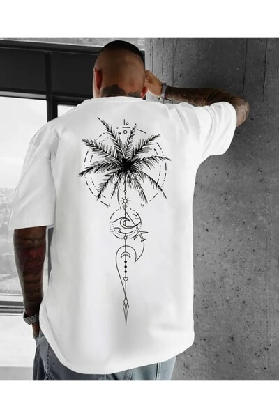 Panda Baskı Tekstil Palm Tree Printed Special Design Oversize Tshirt
