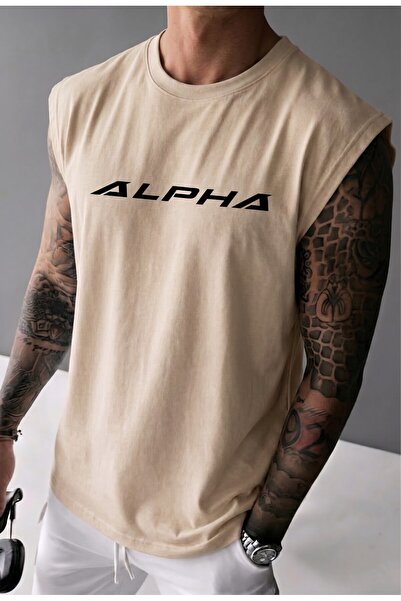 BUWOM Men's Alpha Printed Zero Sleeve T-Shirt