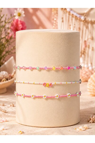 EDOSHI Concept 3’lü set halhal, boncuk halhal set, papatyalı pembe halhal