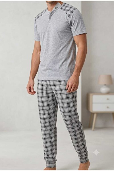 İkom Gri Erkek Ekoseli Düğmeli Bisiklet Yaka Pijama Takımı