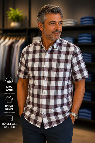 Beyome Erkek Kısa Kol Kareli Gömlek Büyük Beden XXL-4XL %100 Pamuk Nefes Alır...