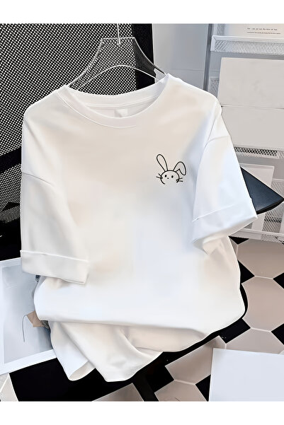 121 Women's Loose Round Neck Short Sleeve T-Shirt, Simple Side Line Small Rab...