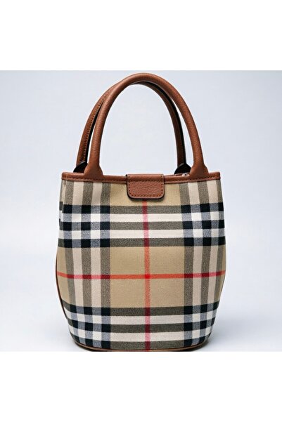 Bleco Vintage Plaid Mini Handheld Bucket Bag Leather Splicing Daily Hand Purse