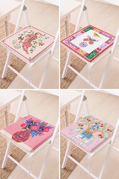 Home Set of 4 Floral Bird Patterned Lace-Up Chair Cushions