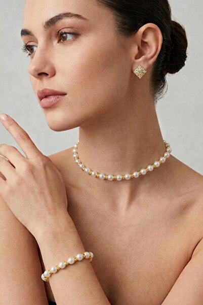 PETEK AKSESUAR Pearl and Stone Choker Necklace Bracelet Earrings Set
