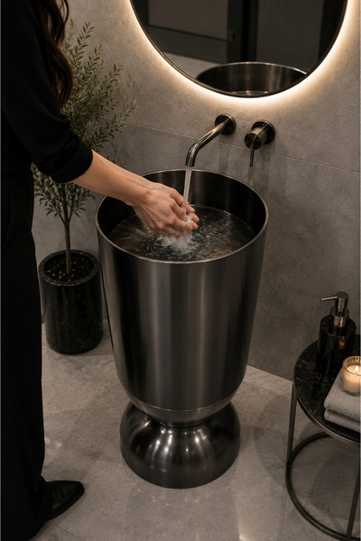 DEWİST Paslanmaz Çelik PVD Kaplı Monoblok Lavabo - Ayaklı Lüks Banyo Lavabosu