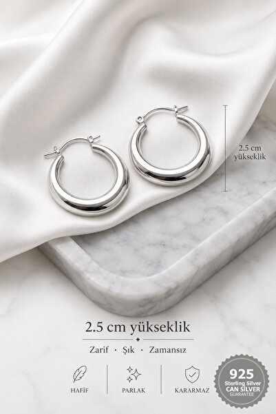CAN SİLVER 2,5 cm Gümüş Kaplama 925 Ayar Yarım Ay Dolgulu Halka Model Küpe- G...