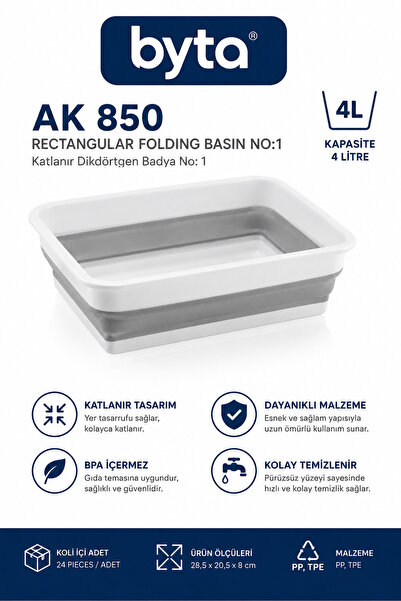 BYTA Ak 850 Foldable Rectangular Basin 4 Liter Multi-Purpose Vegetable and Fr...