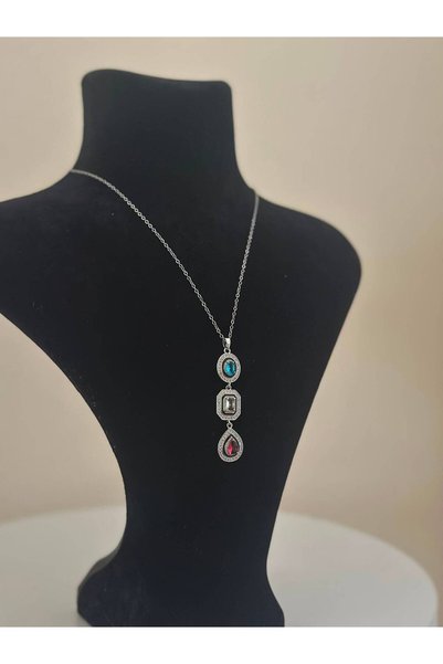 ROYAL SPARK Colorful Stone Triple Design Silver Color Necklace