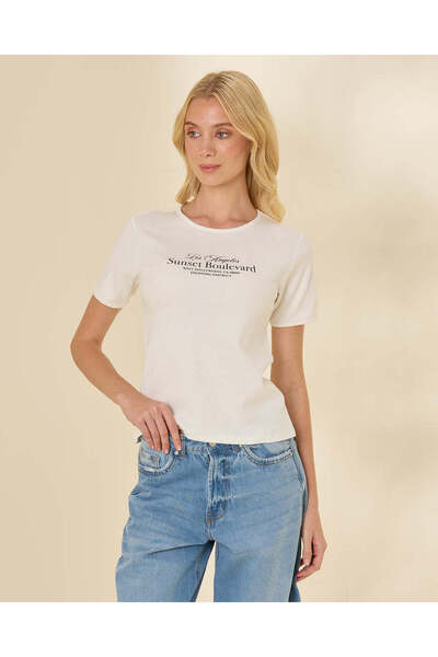 REDTAG Women Ivory Graphic Ribbed T-Shirt
