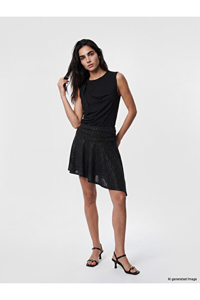 LC Waikiki Peak New Season Shiny Textured Asymmetrical Cut Mini Skirt