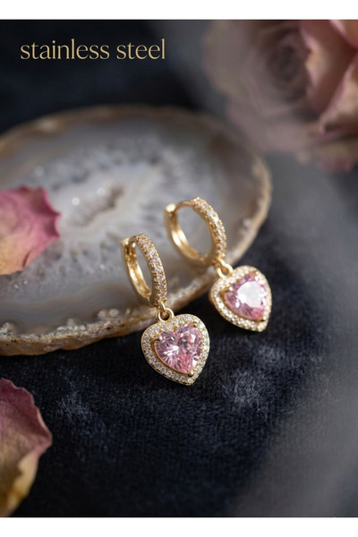 stainless steell Brass Gold Color Pink Zircon Stone Heart Model Earrings