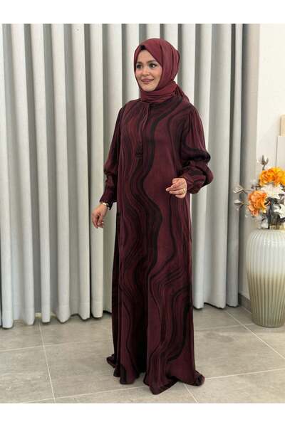 ayşe akay İPEK CUPRA DESENLİ ELBİSE BORDO