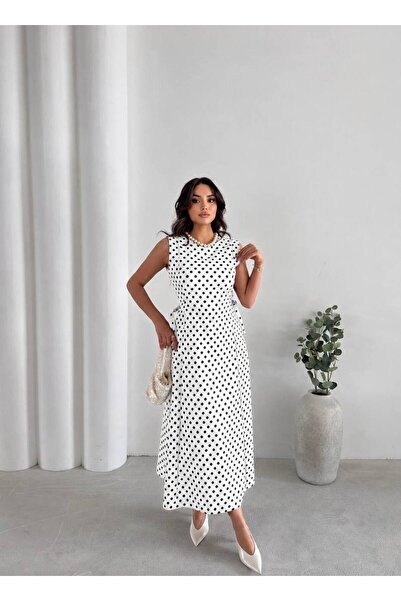 candybia Women's Polka Dot Belt Detailed Zero-Sleeve Midi Dress