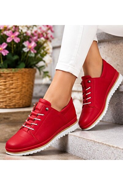 NP.571Napa Shoe Kadın Kırmızı Deri Günlük Yürüyüş ve Konfor Ayakkabısı