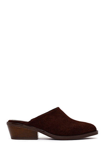 Derimod Women's Brown Mule Open-Back Thick Heeled Suede Leather Slippers 26Pf...