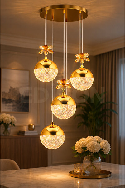 Edison 4'lü Gold Kristal Sarkıt Avize 3 Renk LED Modern Salon Yemek Masası Mu...