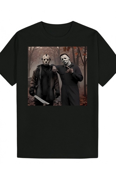 LİNA06 Two Masked Figures in Stylish Black Outfits | Round-Neck Short-Sleeve ...