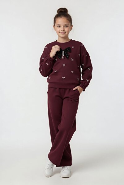 Cansın Mini Burgundy Bow Detailed Elastic Waist Girls' Tracksuit Set 24544