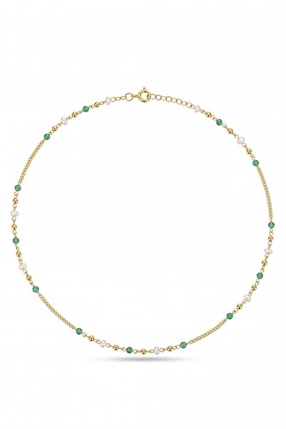 FRNCH 925 Ayar Gümüş Jade ve İnci Taşlı Altın Renk Kadın Kolye FRJ30997-1097-GY