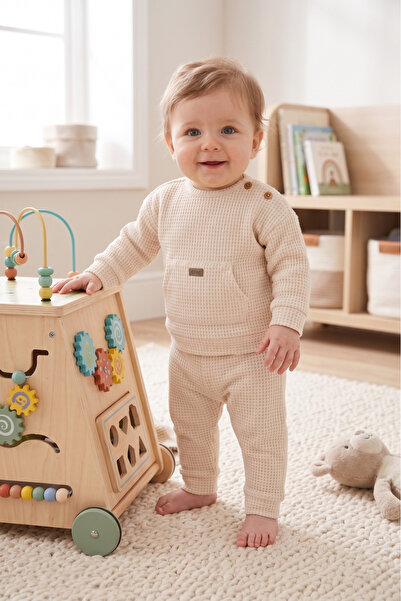 Caramell Baby Set Waffle Fabric 98% Cotton Wooden Buttons Kangaroo Pocket Uni...