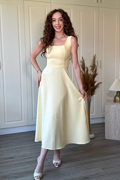 Dilay Gökoğlu Butik Square Neck Flared Midi Dress with Scarf Detail on the Back