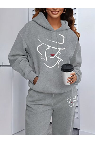 WOODROFFE Unisex Hooded Women's Figure Printed Oversize Hooded Tracksuit Set