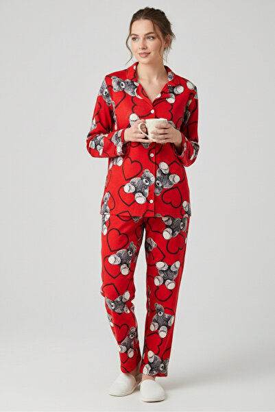 Generic Brand Teddy Bear Printed Pajama Set - 27943-Red
