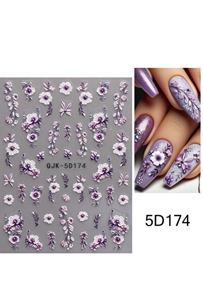 choice2 QJK-5D174 1pcs 5D Embossed Purple Flowers Nail Art Stickers Cherry Pe...
