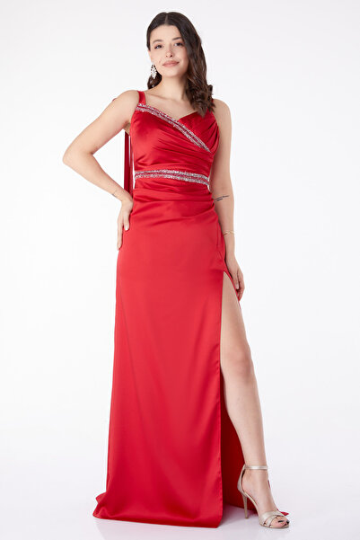TOFİSA Einfarbiges, mittellanges, rotes, ärmelloses Abendkleid mit Steindetai...