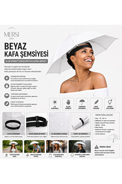 Mersi SHOP Beyaz Kafa Şemsiyesi | Eller Serbest Güneş Koruyucu Şapka Şemsiye