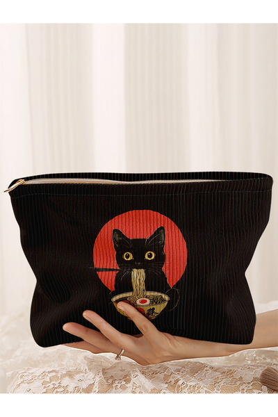 Choice black cat 1 black cat pattern printed corduroy makeup bag, lightweight...