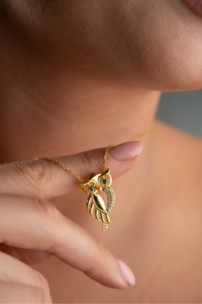 Silvano Jewelry 925 Ayar Gümüş Yeşil Taşlı Baykuş Kolye