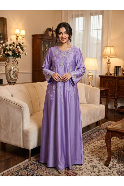 Finelook Floral Branch Embroidered Satin Dress with Beaded Cuffs | Long Sleev...