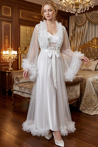 NAHAWAND Bridal Robe Set with Flounces and Lace Detailing - Romantic Design
