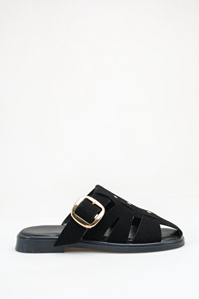 ELAIA SHOES Alexa Black Suede Belt Detailed Flat Sole Women's Slippers