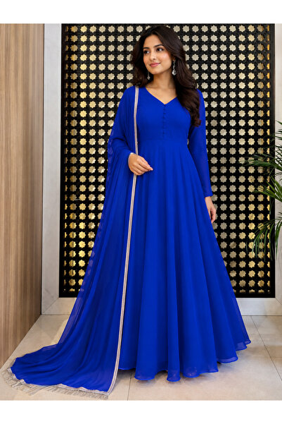 MYSMAR Light Blue Faux Georgette Gown Set - FFT8615 | Light Blue