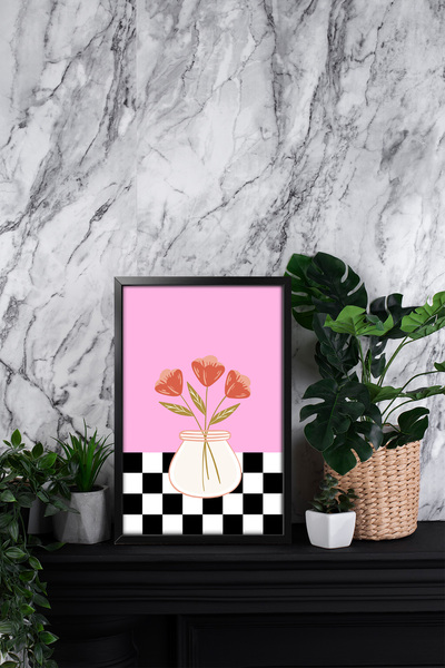 Erfa Concept Tek Parça MDF Tablo Siyah Ahşap Görünümlü Pembe Arka Planda Çiçekli Vazo Oturma Odası Seti