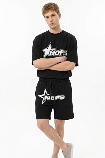 EFFRENATU Men's T-Shirt Shorts Set Black Nofs Logo Star Print Oversized Stree...