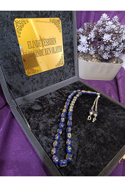 Kehribar Kişiye Özel Harfli Mavi Altın Parçacıklı Golden Rosary Tesbih Sertif...