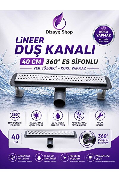 DİZAYNSHOP Lineer Duş Kanalı 40 Cm 360° Es Sifonlu - Yer Süzgeci - Koku Yapmaz
