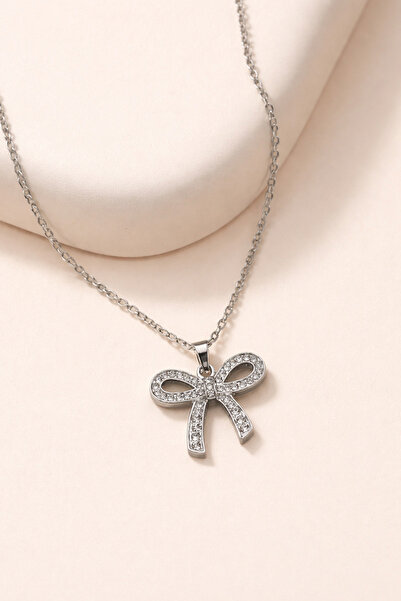 THE Steel Women's Silver Color Zircon Stone Large Bow Figured Necklace