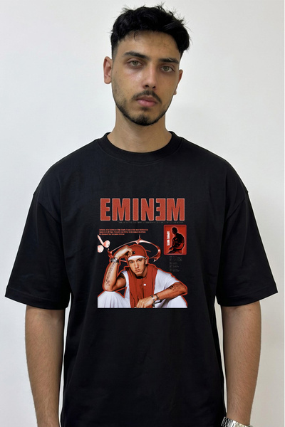 Anetos Eminem Rap Design Printed Oversize Black T-Shirt