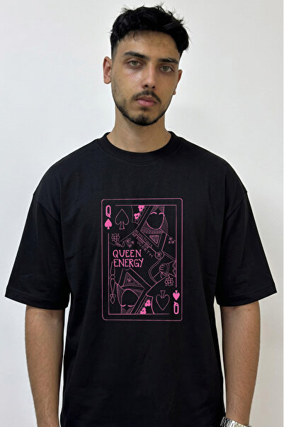 Anetos Queen Energy Design Printed Oversize Black T-Shirt